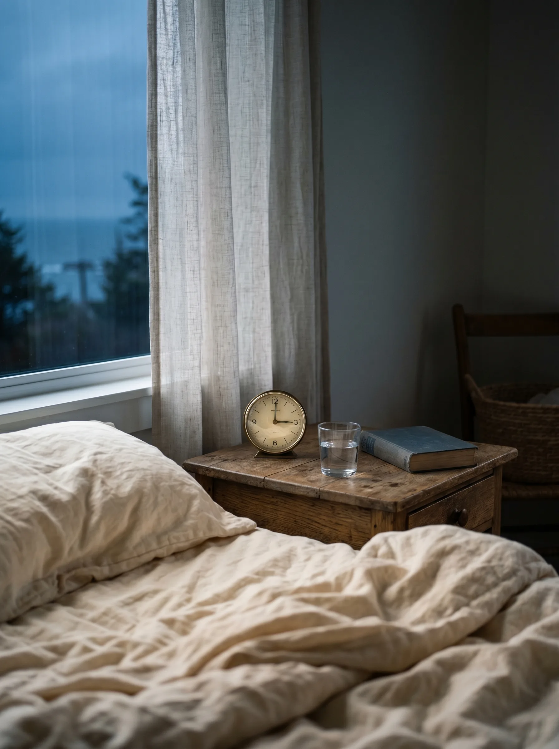 A bedside table at 3am, with a half-empty water glass and an analog clock, in pre-dawn light.