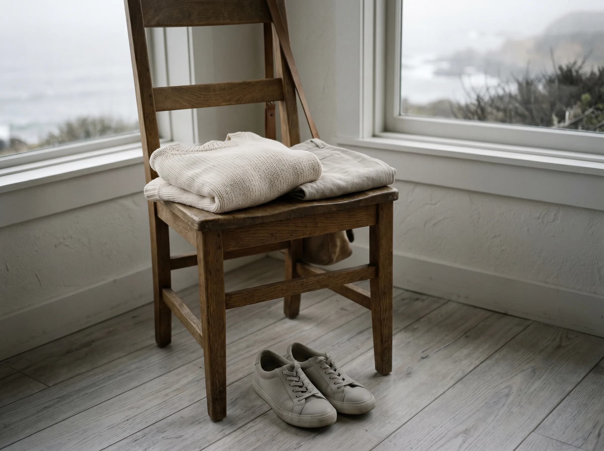Folded linen clothes on a wooden chair, with neutral walking shoes beside it.