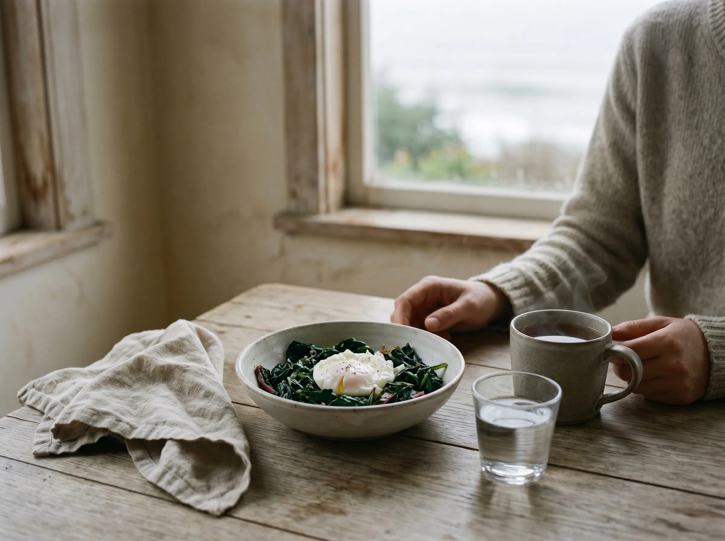 A simple morning meal of egg and greens, with water and coffee, in soft daylight.