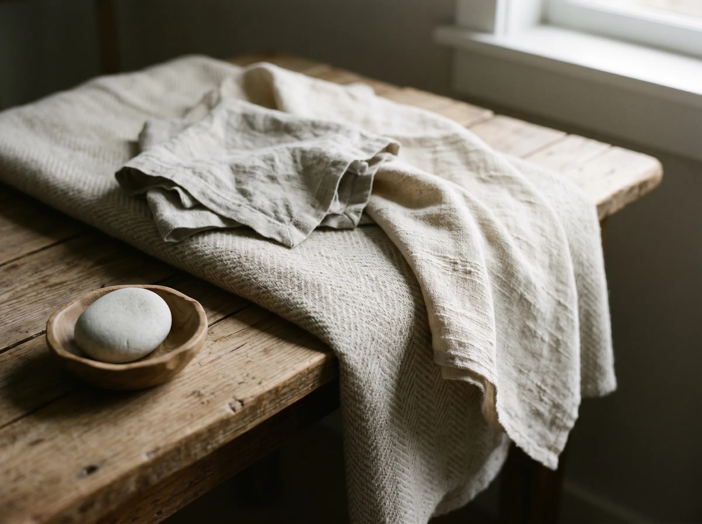 Layered linen and cotton fabrics in neutral tones, draped over a wooden surface.