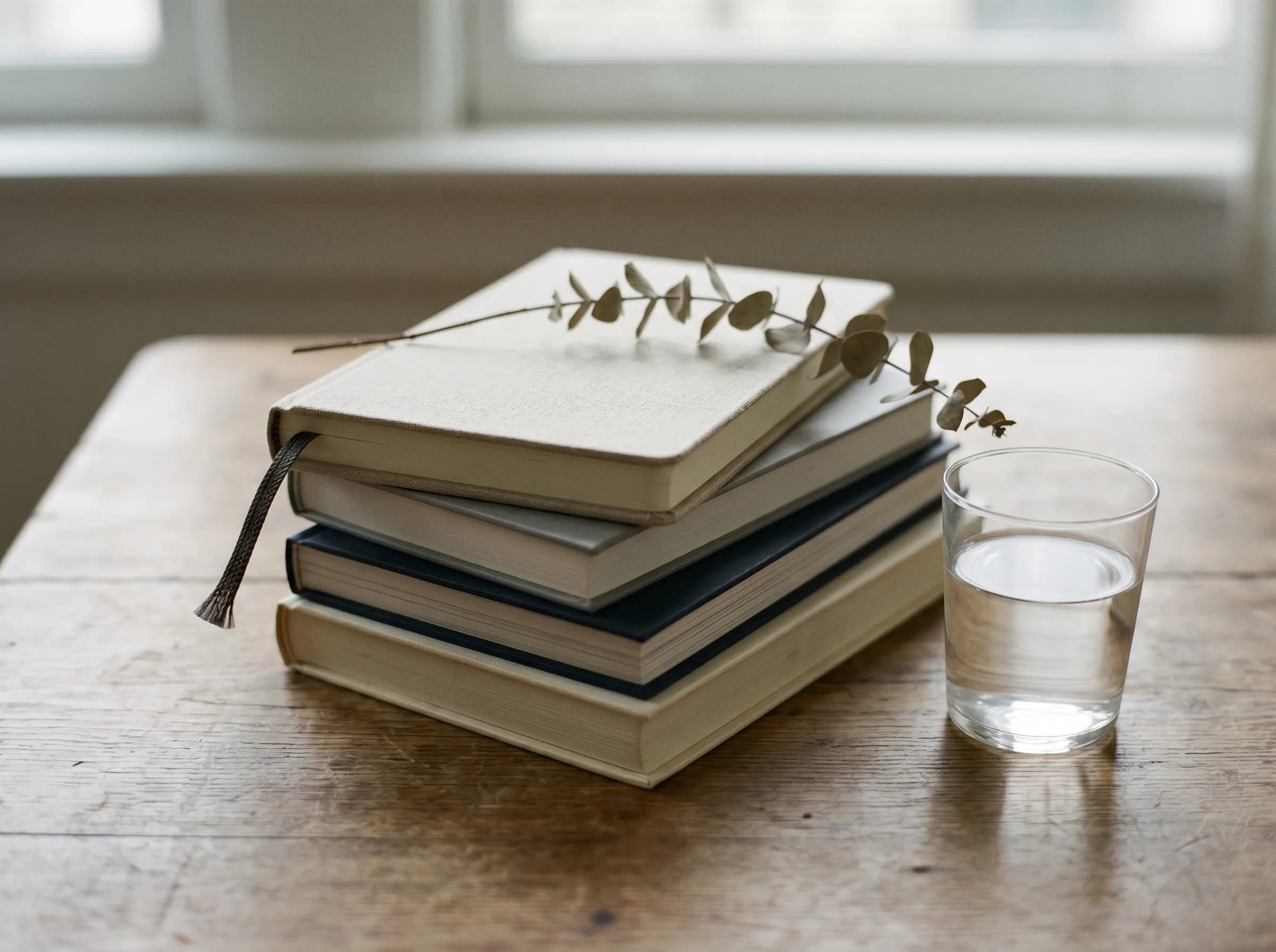 A still life of closed books, a glass of water, and a sprig of dried herb on a wooden table.
