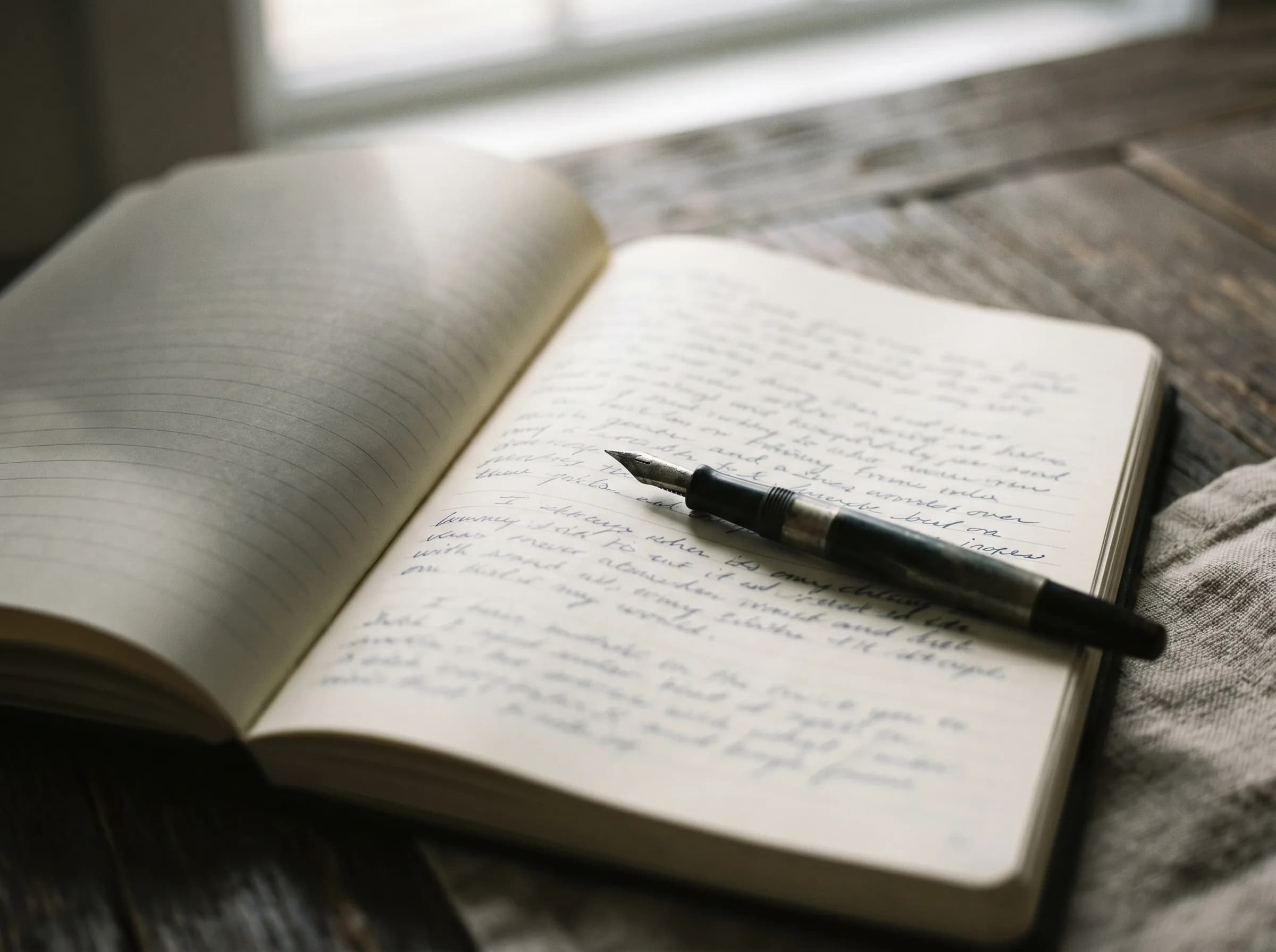 An open journal with a fountain pen, in soft window light.