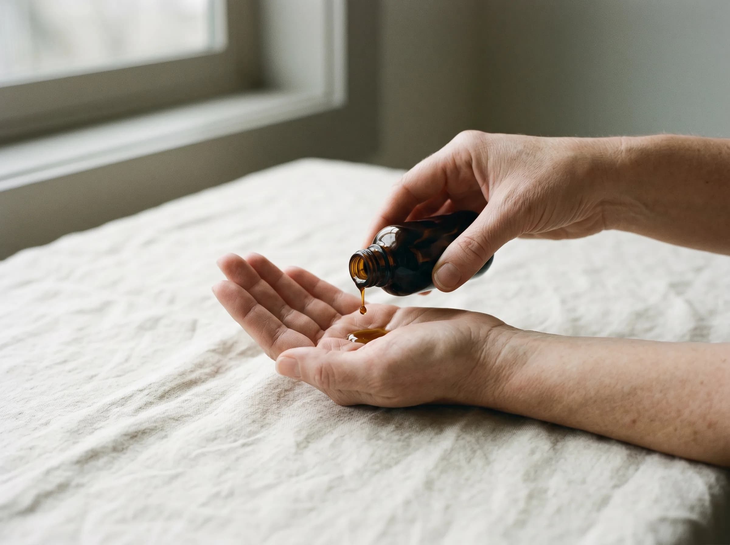 A hand cupped to receive cream from a simple amber glass bottle.