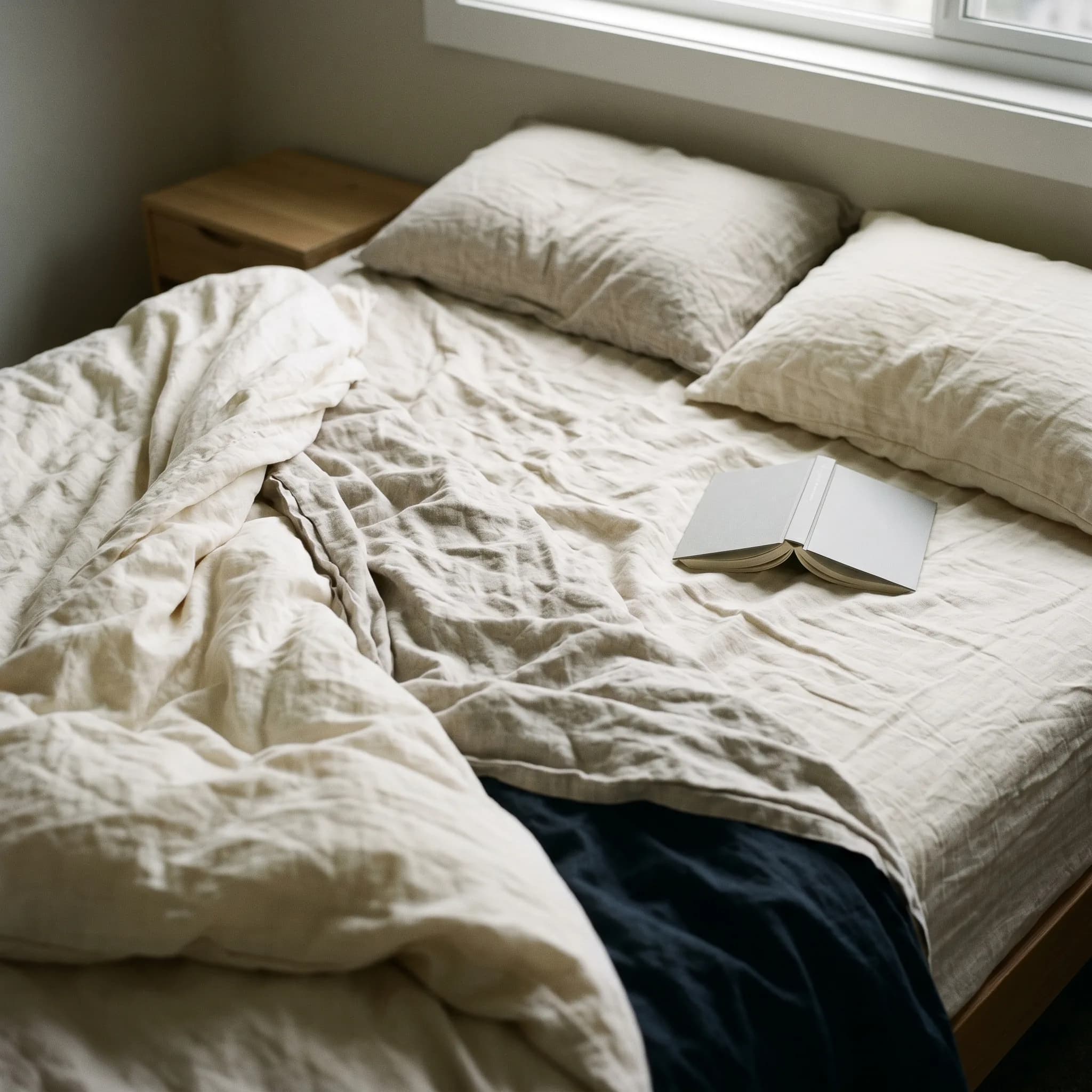 An unmade bed with layered linen sheets in soft morning light, viewed from above.